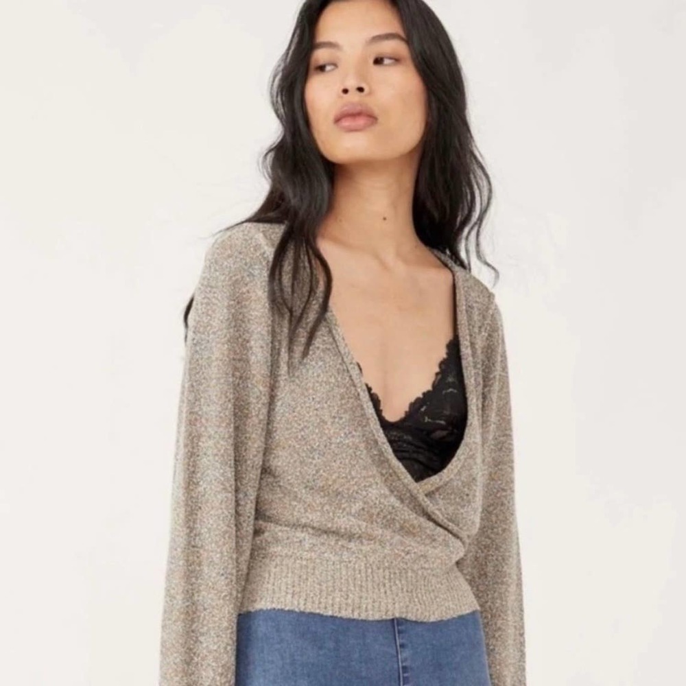 Free People Going for Gold Faux Wrap Sweater Metallic Large